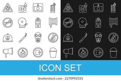 Set line Fire bucket, No fire, hose reel, alarm system, Ringing bell, Smoking, flame triangle and Medical hospital building icon. Vector