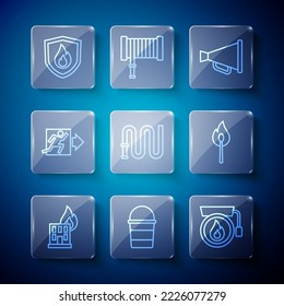 Set line Fire in burning building, bucket, Ringing alarm bell, Megaphone, hose reel, exit, protection shield and Burning match with fire icon. Vector