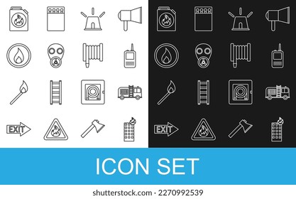 Set line Fire in burning building, truck, Walkie talkie, Flasher siren, Gas mask, flame, Canister for flammable liquids and hose reel icon. Vector