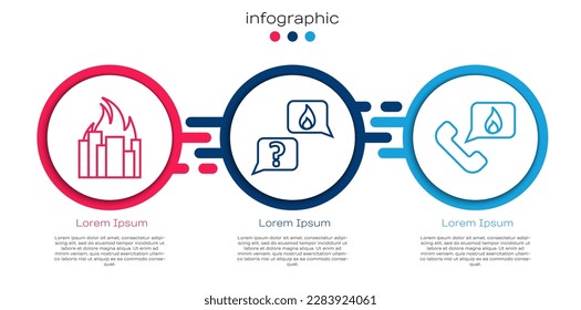 Set line Fire in burning buildings, Phone with emergency call 911 and Telephone with emergency call 911. Business infographic template. Vector