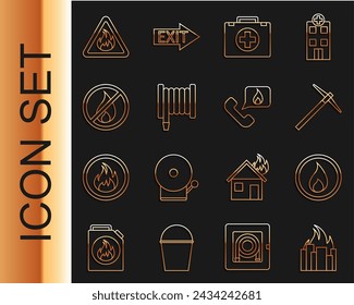 Set line Fire in burning buildings, flame, Pickaxe, First aid kit, hose reel, No fire, triangle and Telephone with emergency call 911 icon. Vector