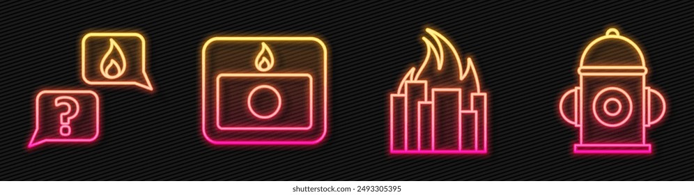 Set line Fire in burning buildings, Phone with emergency call 911, Fire alarm system and Fire hydrant. Glowing neon icon. Vector