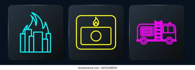 Fije la línea de fuego en edificios en llamas, camión de bomberos y sistema de alarma contra incendios. Botón cuadrado negro. Vector