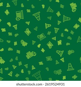Set line Fire in burning garage, buildings and Traffic cone on seamless pattern. Vector