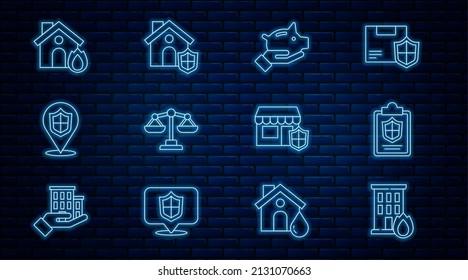 Set line Fire in burning house, Document with shield, Piggy bank, Scales of justice, Location, Shopping building and House icon. Vector