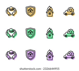 Fijar línea de fuego en casa en llamas, subsidio de educación, casa con escudo e icono de seguro de auto. Vector
