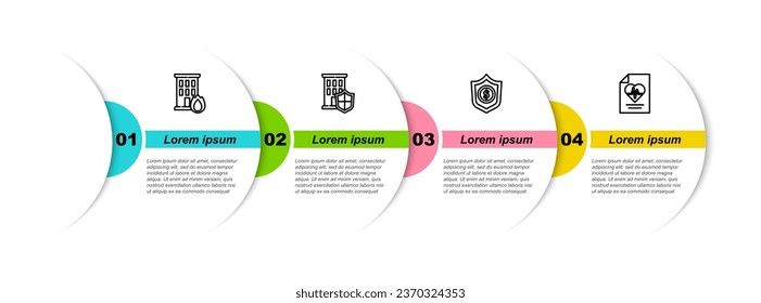 Fijar la línea de fuego en casa quemada, Casa con escudo, Escudo dólar y seguro de salud. Plantilla de infografía empresarial. Vector