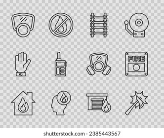 Set line Fire in burning house, Firefighter axe, escape, Gas mask, Walkie talkie, garage and alarm system icon. Vector