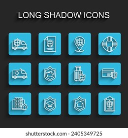 Set line Fire in burning house, Graduation cap with shield, Car, House, Document, Piggy bank, Credit card and Travel suitcase icon. Vector