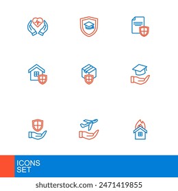 Set line Fire in burning house, Plane hand, Shield, Education grant, House with shield, Delivery security, Contract and Graduation cap icon. Vector
