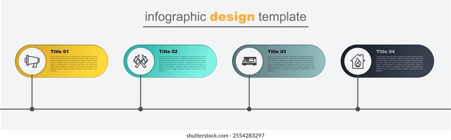 Set line Fire in burning house, truck, Firefighter axe and Megaphone. Business infographic template. Vector