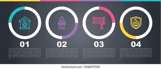 Set line Fire in burning house, hydrant, hose reel and protection shield. Business infographic template. Vector