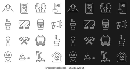 Set line Fire in burning house, hose reel, Megaphone, Firefighter gloves, Road barrier, Walkie talkie, helmet and bucket icon. Vector