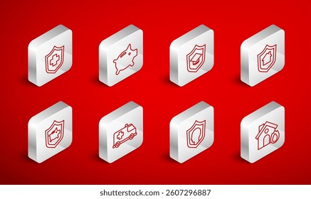 Set line Fire in burning house, Piggy bank, Graduation cap with shield, House, Life insurance, Health, Emergency car and  icon. Vector