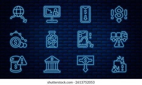 Set line Fire in burning house, Stop delivery cargo truck, Mobile stock trading, Glass money jar with coin, Dollar rate decrease, Global economic crisis,  and news icon. Vector