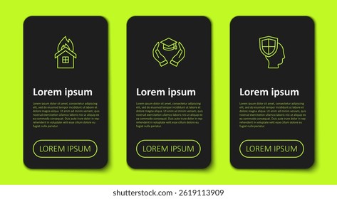 Set line Fire in burning house, Education grant and Life insurance with shield. Business infographic template. Vector