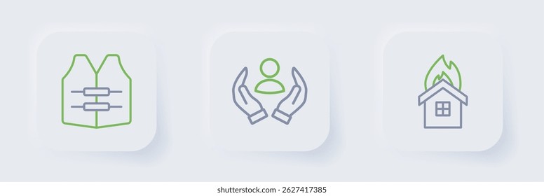 Set line Fire in burning house, Life insurance and jacket icon. Vector