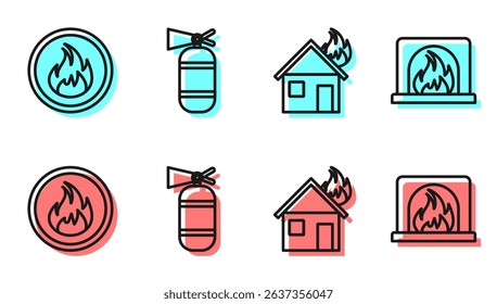 Set line Fire in burning house, Fire flame, Fire extinguisher and Interior fireplace icon. Vector