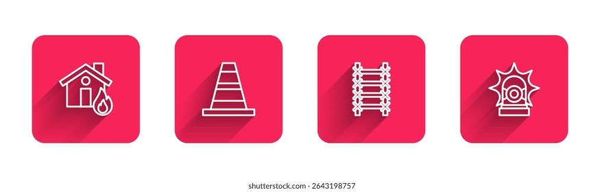 Set line Fire in burning house, Traffic cone, escape and Flasher siren with long shadow. Red square button. Vector