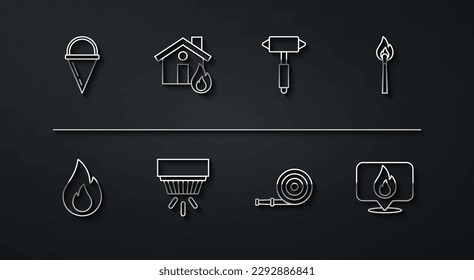 Set line Fire cone bucket, flame, Burning match with fire, hose reel, Smoke alarm system, burning house, Location and Firefighter axe icon. Vector