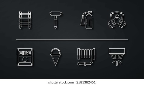 Set line Fire escape, alarm system, Gas mask, hose reel, cone bucket, Firefighter axe, Smoke and extinguisher icon. Vector