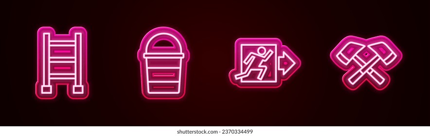 Set line Fire escape, bucket, exit and Firefighter axe. Glowing neon icon. Vector