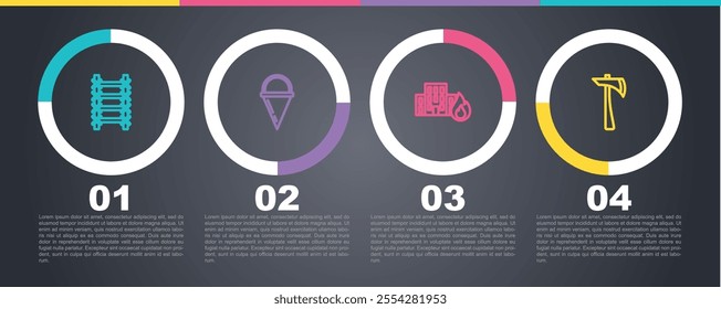 Set line Fire escape, cone bucket, in burning buildings and Firefighter axe. Business infographic template. Vector