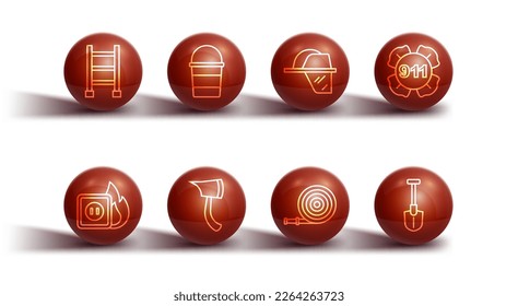 Set line Fire escape, Electric wiring of socket in fire, Emergency call 911, hose reel, Firefighter axe, bucket, shovel and helmet icon. Vector