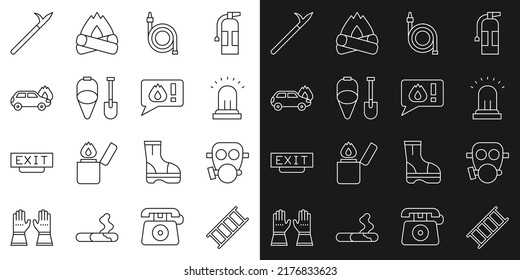 Set line Fire escape, Gas mask, Ringing alarm bell, hose reel, shovel and bucket, Burning car, Metal pike pole and Telephone call 911 icon. Vector