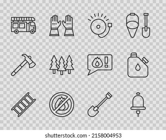 Set line Fire escape, Ringing alarm bell, No fire, truck, Forest, shovel and Canister fuel icon. Vector