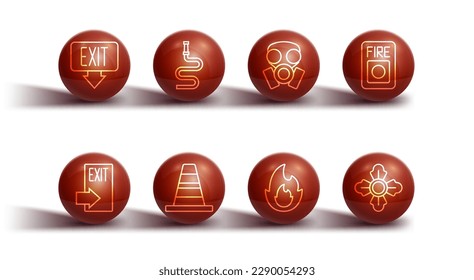 Set line Fire exit, alarm system, flame, Traffic cone, hose reel, Firefighter and Gas mask icon. Vector