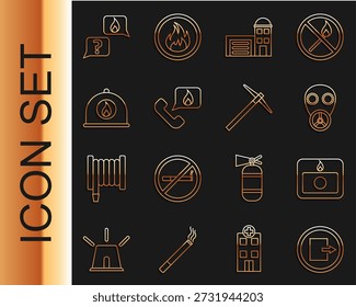 Set line Salida de incendios, sistema de alarma, Máscara de gas, Edificio de estación de bomberos, Teléfono con llamada de emergencia 911, Casco de bombero, Teléfono e icono de pico. Vector