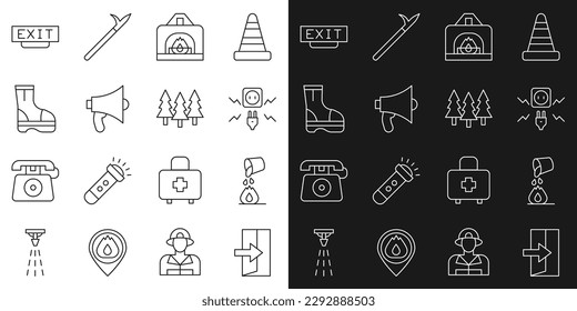 Fijar la línea de salida de incendios, extinción de cubos, chispa de electricidad, chimenea interior, megáfono, botas e icono de bosque. Vector