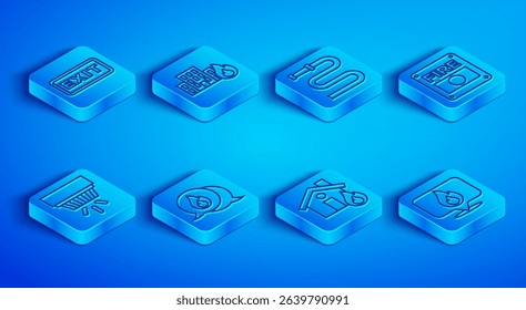 Set line Fire exit, in burning buildings, hose reel, Telephone call 911, house, alarm system, Smoke and Location with fire flame icon. Vector