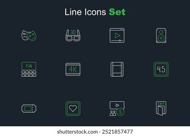 Set line Fire exit, Cinema auditorium with screen, Like heart, ticket, Rating movie, Play video, 4k and  icon. Vector