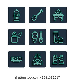 Set line Fire exit, Firefighter, gloves, helmet, shovel and bucket, Lighter, hydrant and boots icon. Vector