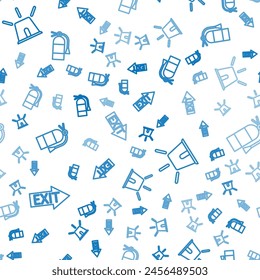 Set line Fire exit, Flasher siren and Fire extinguisher on seamless pattern. Vector