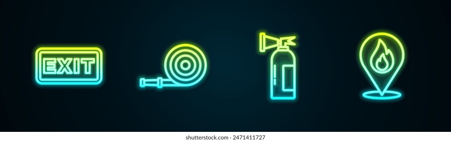 Set line Fire exit, hose reel, extinguisher and Location with fire flame. Glowing neon icon. Vector
