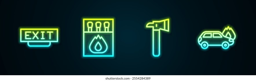 Set line Fire exit, Matchbox and matches, Firefighter axe and Burning car. Glowing neon icon. Vector