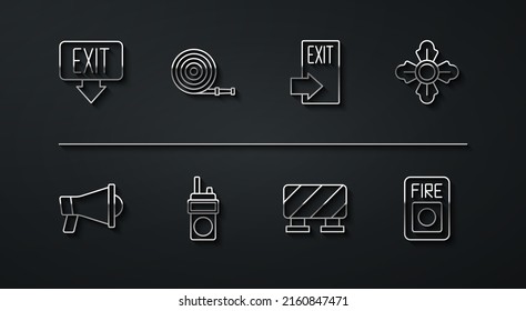 Set line Fire exit, Megaphone, Firefighter, Road barrier, Walkie talkie, hose reel, alarm system and  icon. Vector
