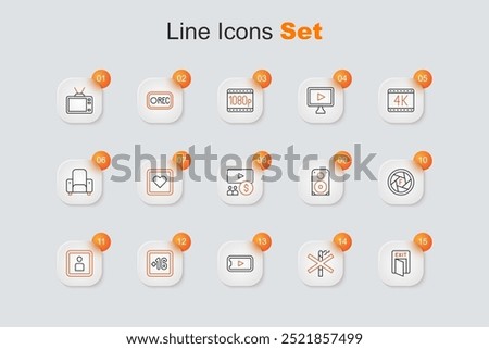 Set line Fire exit, No smoking, Online play video, Plus 16 movie, Play Video, Camera shutter, Stereo speaker and Cinema auditorium with screen icon. Vector