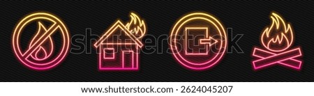 Set line Fire exit, No fire, Fire in burning house and Campfire. Glowing neon icon. Vector
