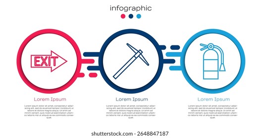 Definir linha Saída de incêndio, Pickaxe e extintor de incêndio. Modelo de infográfico comercial. Vetor