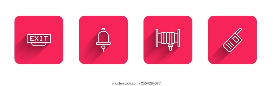 Set line Fire exit, Ringing alarm bell, hose reel and Walkie talkie with long shadow. Red square button. Vector