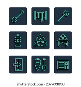 Set line Fire exit, shovel and bucket, Building of fire station, Burning match with, Campfire, hydrant,  and Firefighter helmet icon. Vector