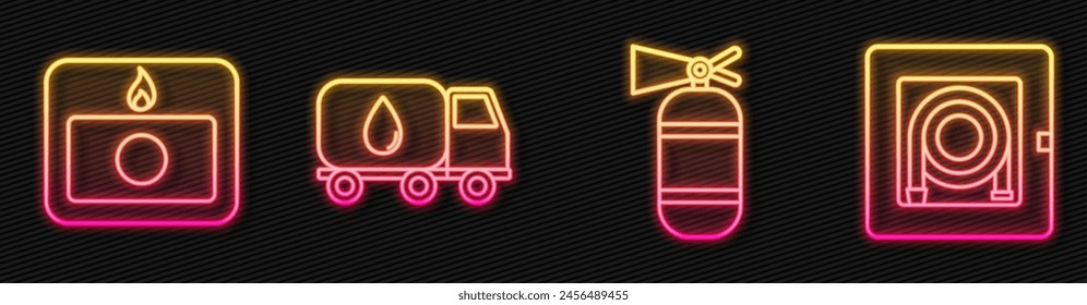 Set line Fire extinguisher, Fire alarm system, Water delivery truck and Fire hose cabinet. Glowing neon icon. Vector