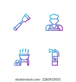 Set line Fire extinguisher, Barbecue grill, Spatula and Cook. Gradient color icons. Vector