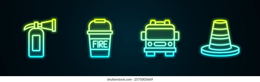 Set line Fire extinguisher, bucket, truck and Traffic cone. Glowing neon icon. Vector