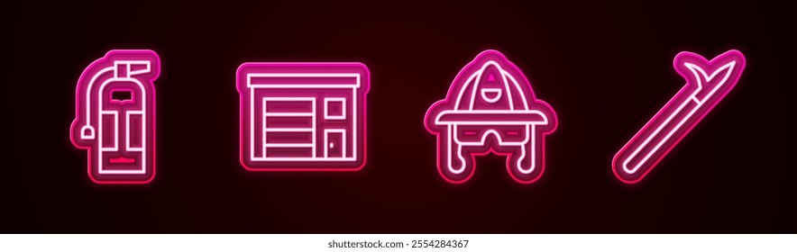 Set line Fire extinguisher, Building of fire station, Firefighter helmet and Metal pike pole. Glowing neon icon. Vector