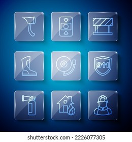 Set line Fire extinguisher, burning house, Firefighter, Road barrier, Ringing alarm bell, boots, axe and Emergency call 911 icon. Vector